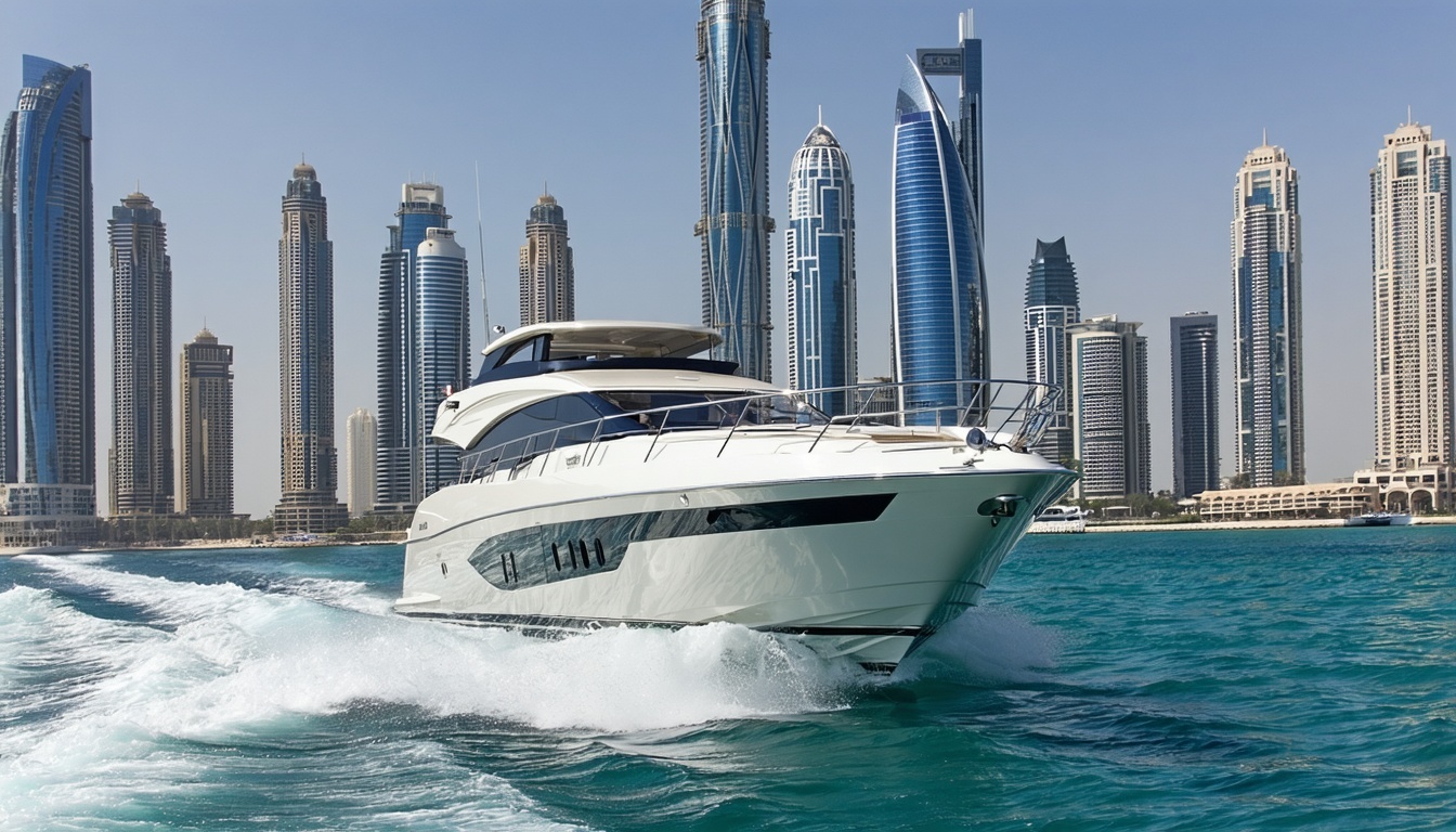 Luxury yacht cruising along Dubai Marina